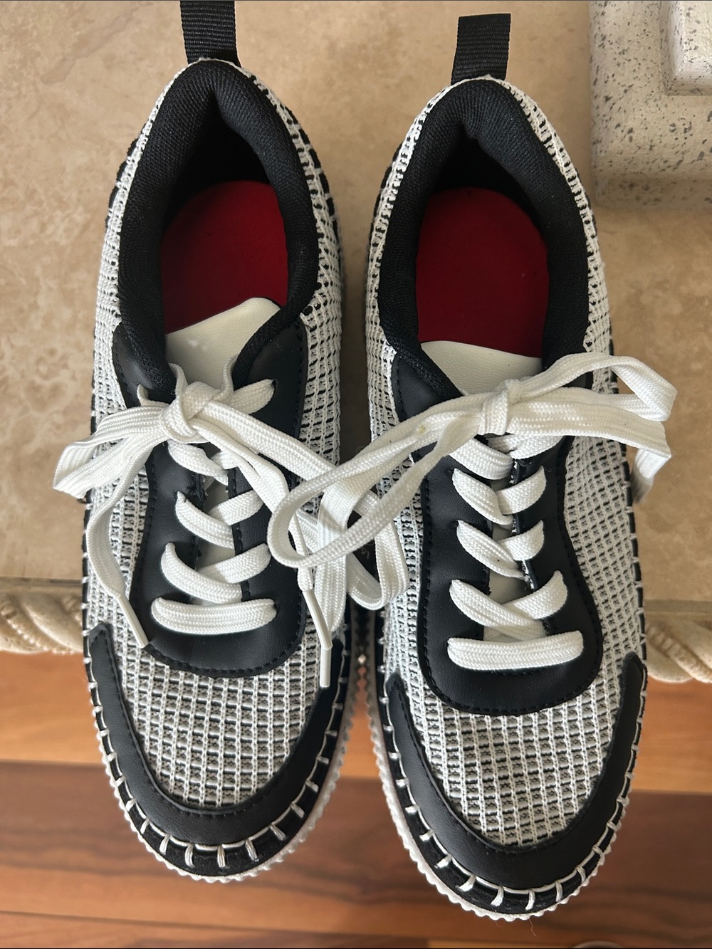 NICOLE MILLER NEW YORK BRITA CROCHET PATCHWORK FASHION SNEAKERS BLACK AND WHITE